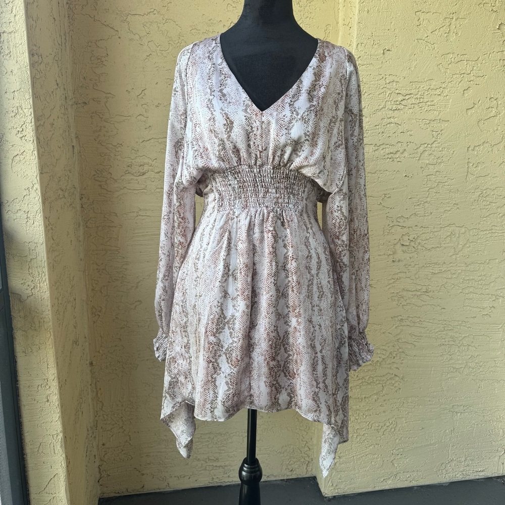Fate Asymmetric Snake Print Mini Dress Sz S V-neck Smocked Long Sleeve Tunic